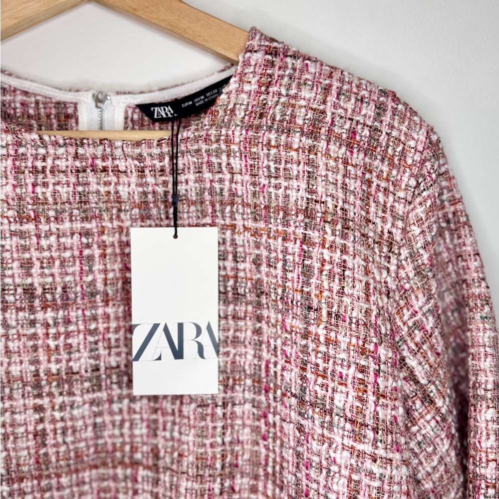 ZARA Pink Tweed Cropped Fringe Popover Top MEDIUM - Picture 2 of 5